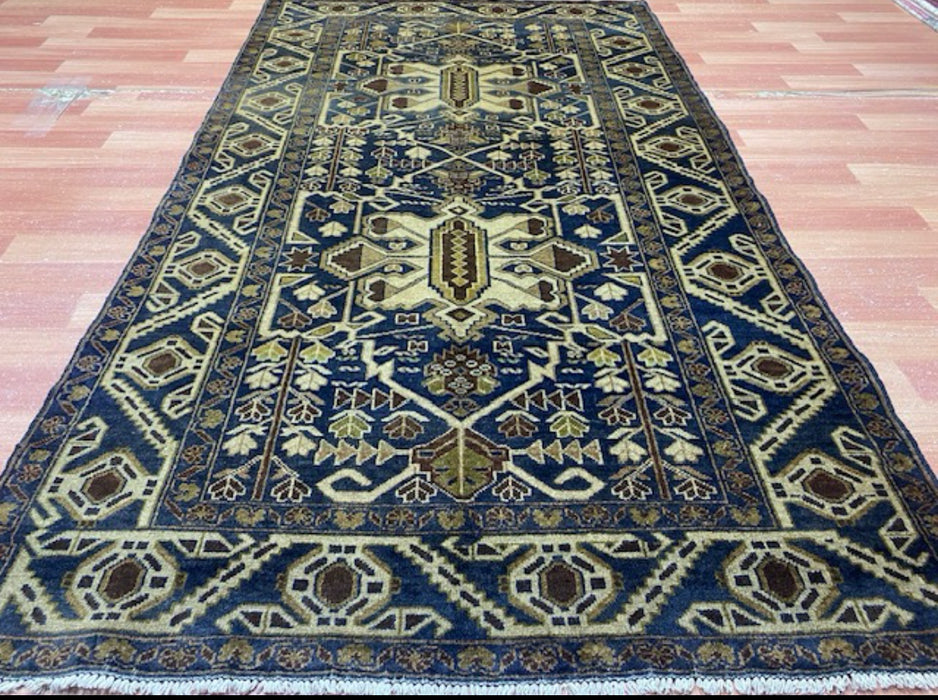 3’9” x 6’8” Hand-Knotted Tribal Wool Rug – Navy & Beige Geometric Pattern