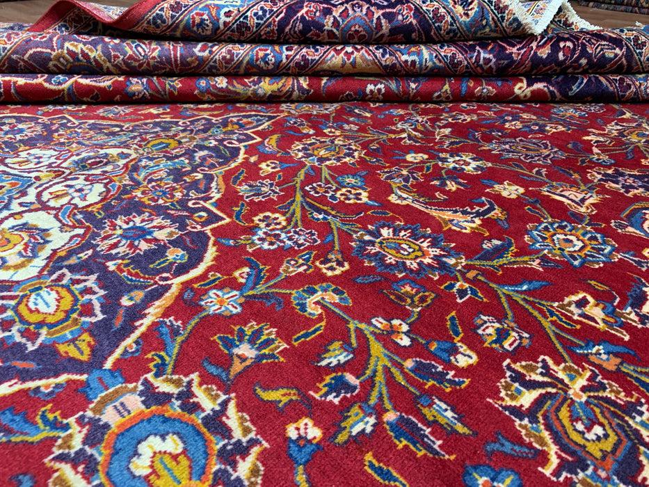 9’8” × 12’11” Hand-Knotted Wool Rug – Red with Navy & Light Blue Floral Medallion Design
