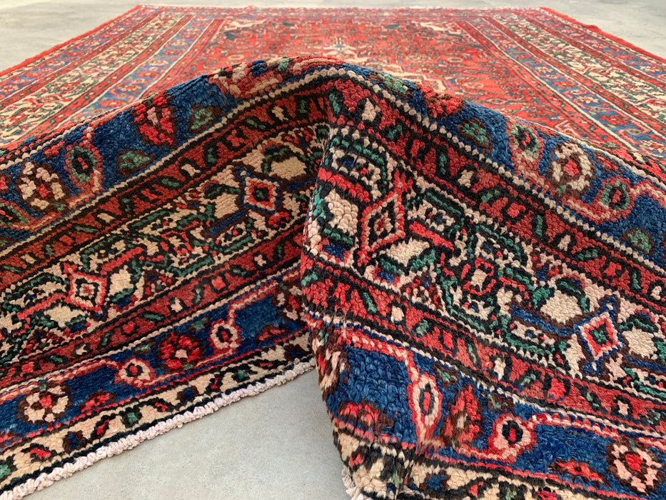 Handmade Persian Wool Area Rug 7x10 - Red, Blue & Ivory Traditional Geometric Medallion Persian Style Rug - Exact Size 9'10" x 6'11" - KBHM-1029