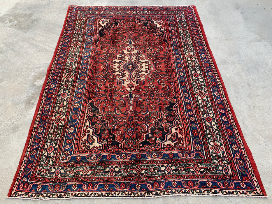 Handmade Persian Wool Area Rug 7x10 - Red, Blue & Ivory Traditional Geometric Medallion Persian Style Rug - Exact Size 9'10" x 6'11" - KBHM-1029