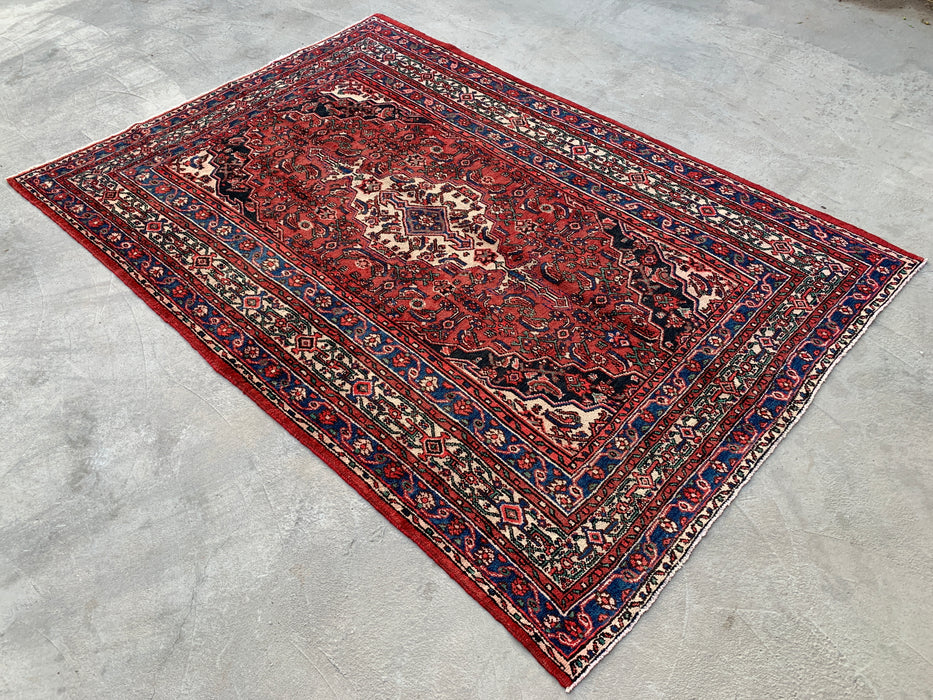 Handmade Persian Wool Area Rug 7x10 - Red, Blue & Ivory Traditional Geometric Medallion Persian Style Rug - Exact Size 9'10" x 6'11" - KBHM-1029