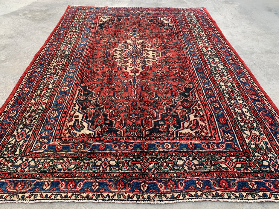 Handmade Persian Wool Area Rug 7x10 - Red, Blue & Ivory Traditional Geometric Medallion Persian Style Rug - Exact Size 9'10" x 6'11" - KBHM-1029