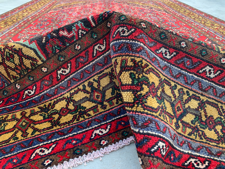 Handmade Persian Wool Area Rug 7x10 - Red, Navy & Gold Traditional Geometric Medallion Persian Style Rug - Exact Size 9'10" x 6'9" - KBHM-1030