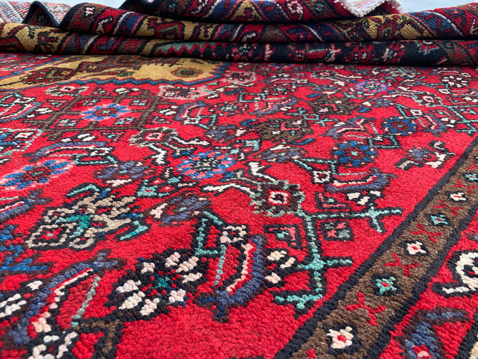 Handmade Persian Wool Area Rug 7x10 - Red, Navy & Gold Traditional Geometric Medallion Persian Style Rug - Exact Size 9'10" x 6'9" - KBHM-1030