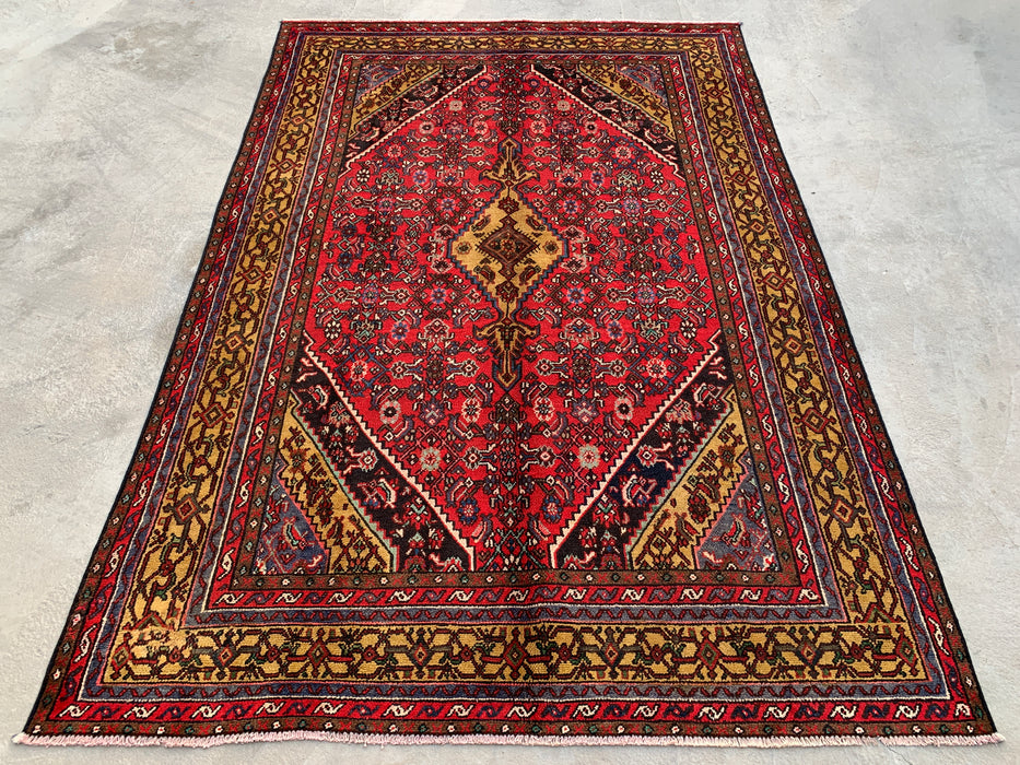 Handmade Persian Wool Area Rug 7x10 - Red, Navy & Gold Traditional Geometric Medallion Persian Style Rug - Exact Size 9'10" x 6'9" - KBHM-1030
