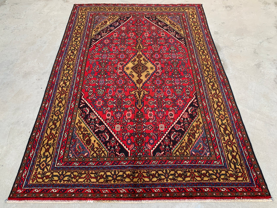 Handmade Persian Wool Area Rug 7x10 - Red, Navy & Gold Traditional Geometric Medallion Persian Style Rug - Exact Size 9'10" x 6'9" - KBHM-1030