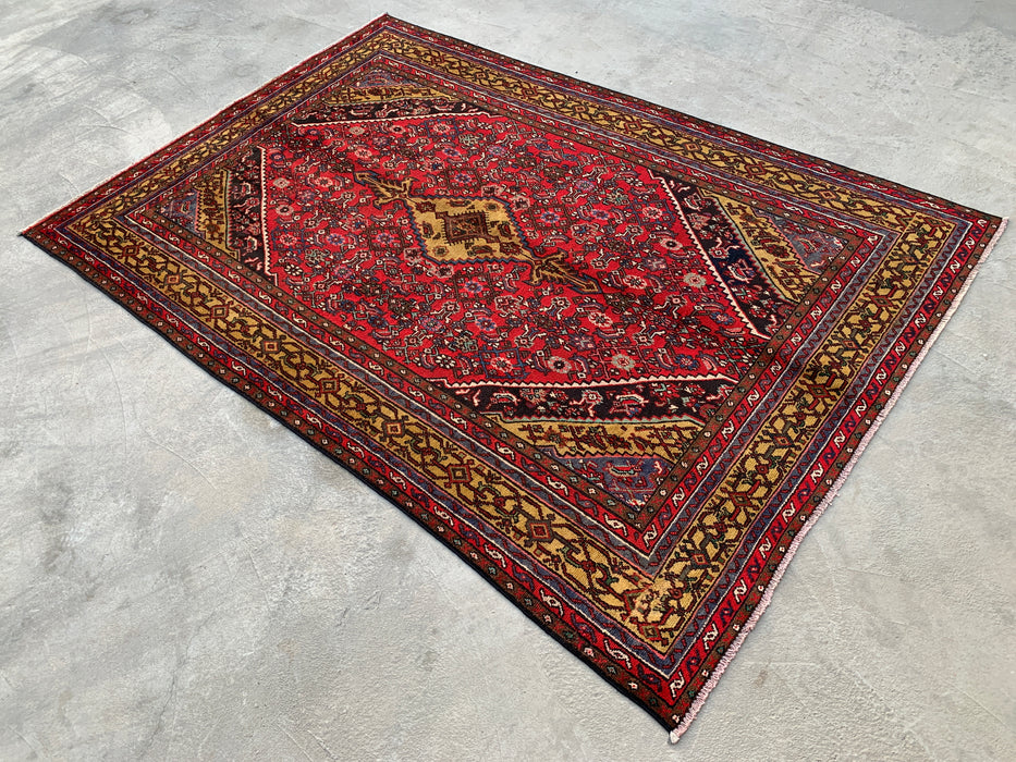 Handmade Persian Wool Area Rug 7x10 - Red, Navy & Gold Traditional Geometric Medallion Persian Style Rug - Exact Size 9'10" x 6'9" - KBHM-1030