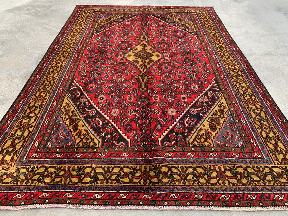 Handmade Persian Wool Area Rug 7x10 - Red, Navy & Gold Traditional Geometric Medallion Persian Style Rug - Exact Size 9'10" x 6'9" - KBHM-1030