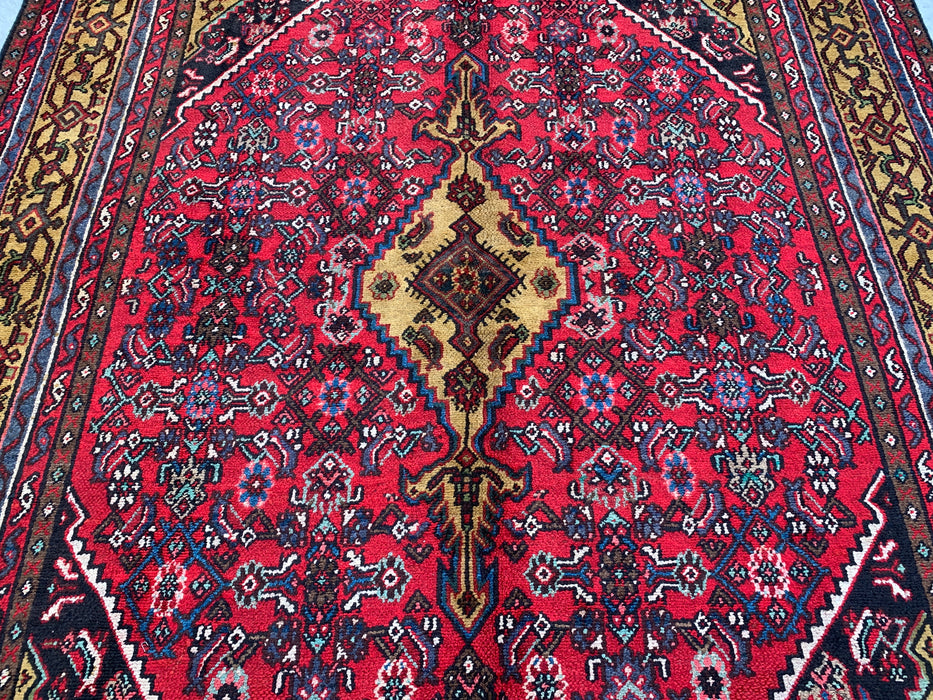 Handmade Persian Wool Area Rug 7x10 - Red, Navy & Gold Traditional Geometric Medallion Persian Style Rug - Exact Size 9'10" x 6'9" - KBHM-1030