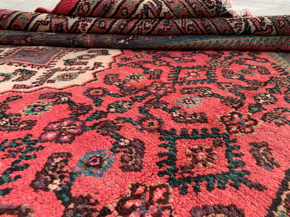 Handmade Persian Wool Area Rug 7x10 - Red, Ivory & Charcoal Traditional Geometric Medallion Persian Style Rug - Exact Size 9'9" x 7'0" - KBHM-1033