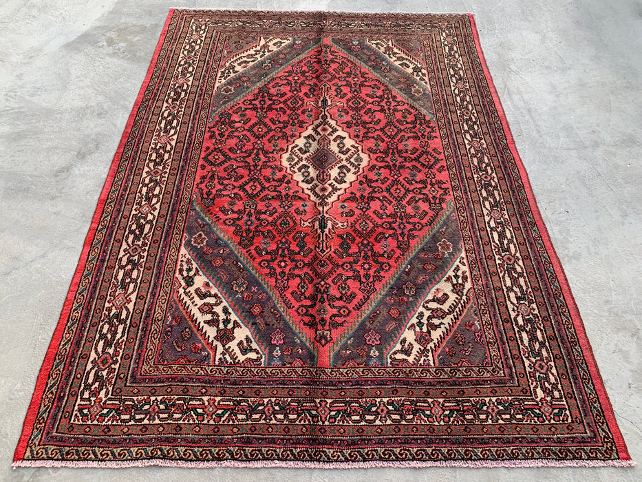 Handmade Persian Wool Area Rug 7x10 - Red, Ivory & Charcoal Traditional Geometric Medallion Persian Style Rug - Exact Size 9'9" x 7'0" - KBHM-1033