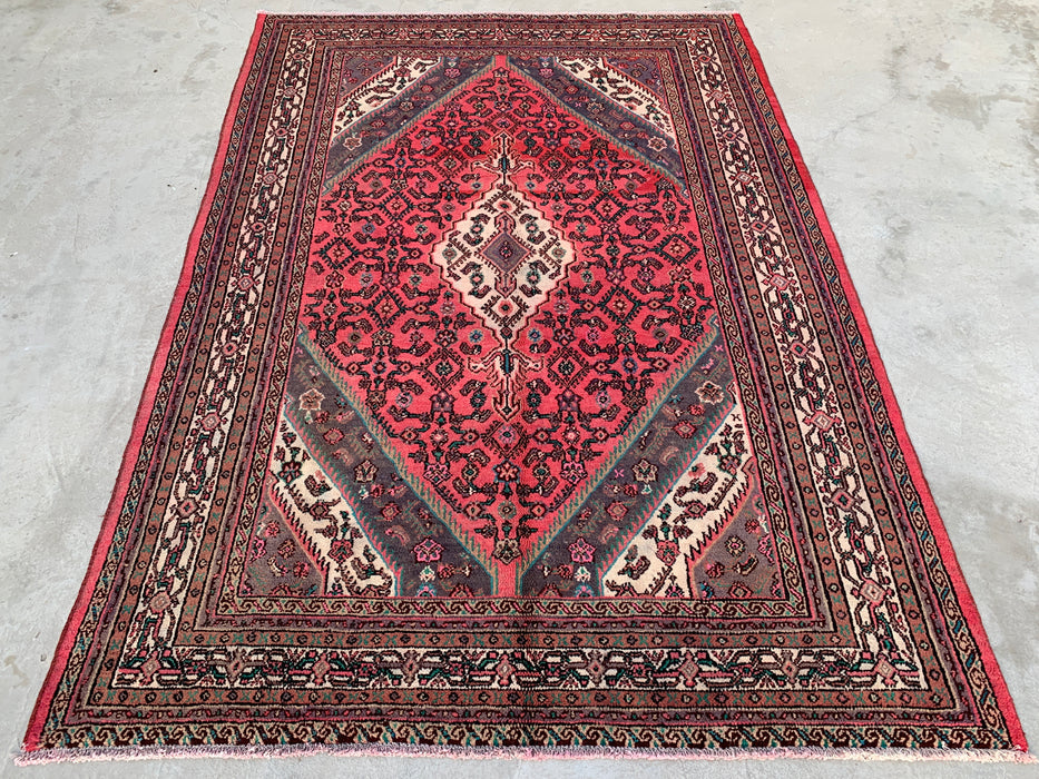 Handmade Persian Wool Area Rug 7x10 - Red, Ivory & Charcoal Traditional Geometric Medallion Persian Style Rug - Exact Size 9'9" x 7'0" - KBHM-1033