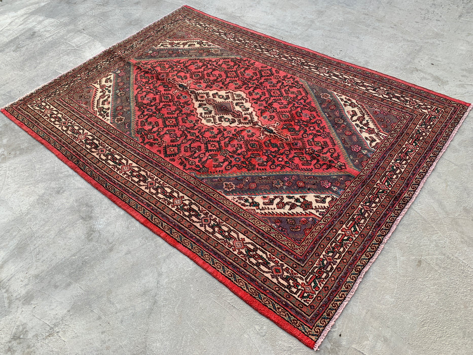 Handmade Persian Wool Area Rug 7x10 - Red, Ivory & Charcoal Traditional Geometric Medallion Persian Style Rug - Exact Size 9'9" x 7'0" - KBHM-1033