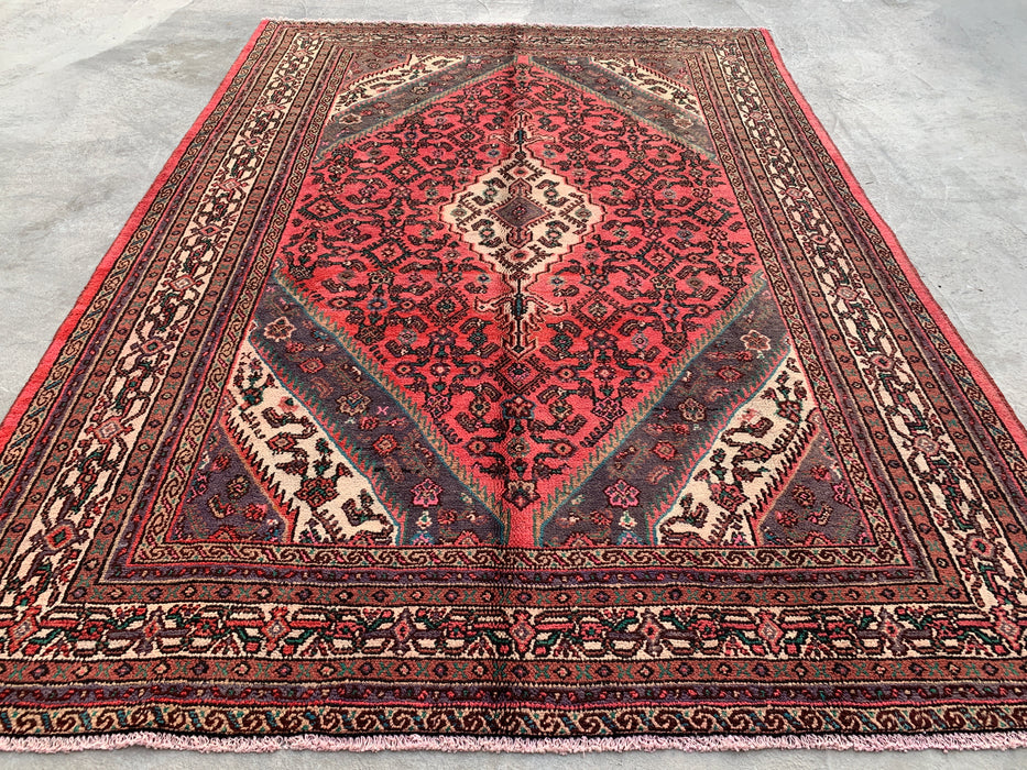 Handmade Persian Wool Area Rug 7x10 - Red, Ivory & Charcoal Traditional Geometric Medallion Persian Style Rug - Exact Size 9'9" x 7'0" - KBHM-1033