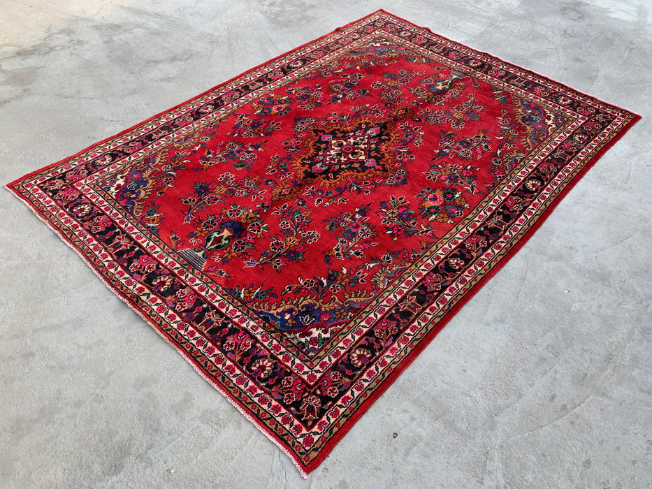 Handmade Persian Wool Area Rug 7x10 - Red, Navy & Ivory Traditional Floral Medallion Persian Style Rug - Exact Size 9'9" x 6'11" - KBHM-1041