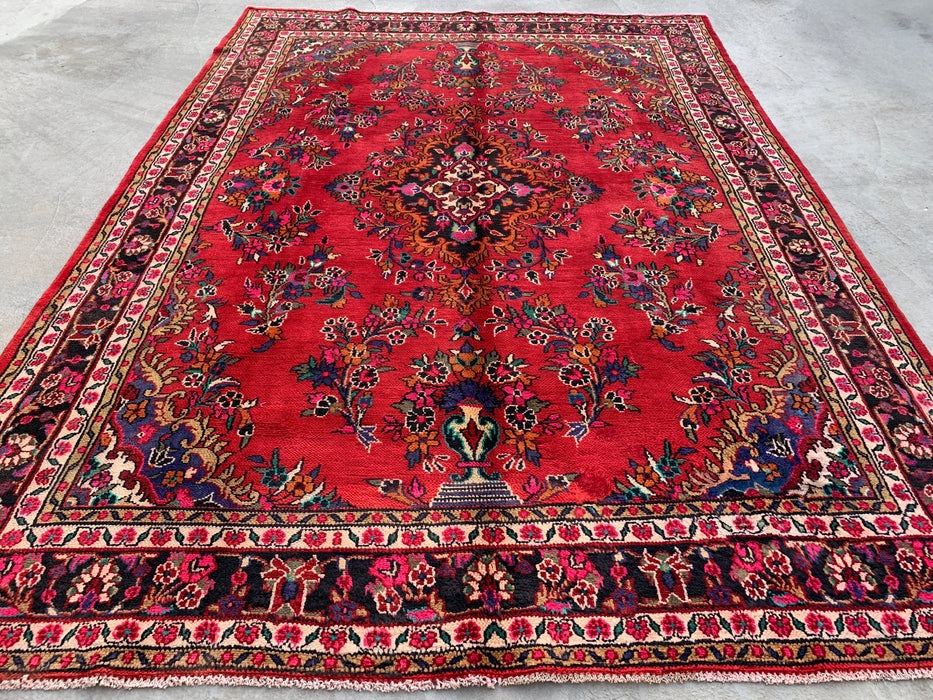 Handmade Persian Wool Area Rug 7x10 - Red, Navy & Ivory Traditional Floral Medallion Persian Style Rug - Exact Size 9'9" x 6'11" - KBHM-1041