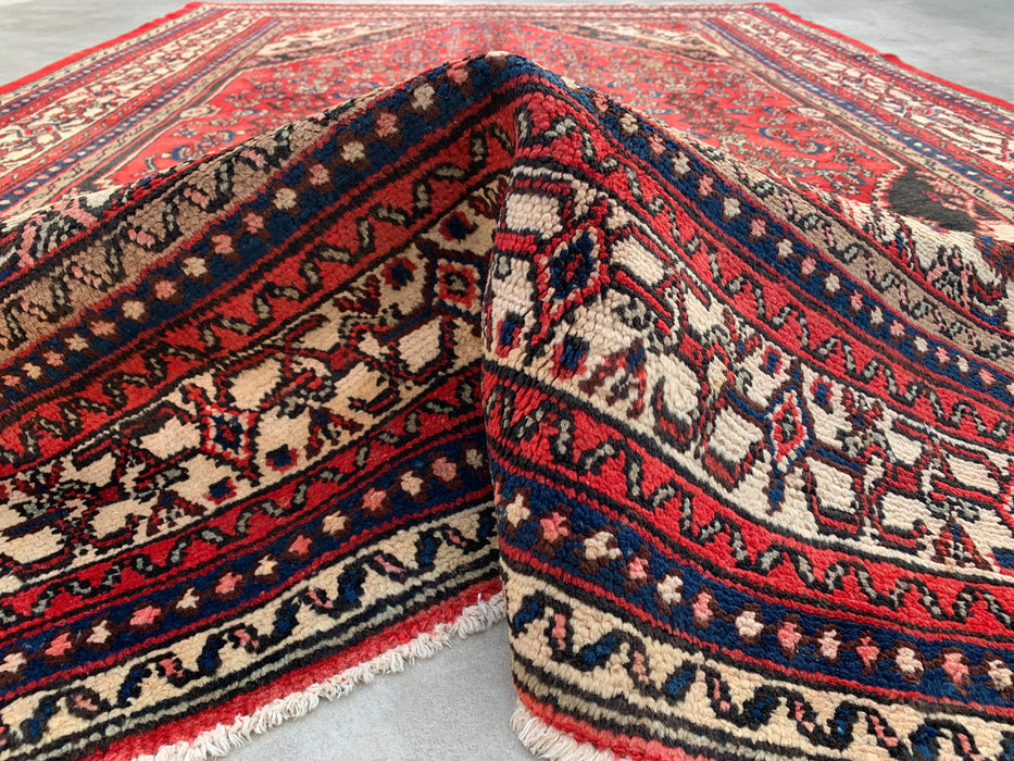 Handmade Persian Wool Area Rug 7x10 - Red, Ivory & Navy Traditional Geometric Medallion Persian Style Rug - Exact Size 10'4" x 6'11" - KBHM-1043