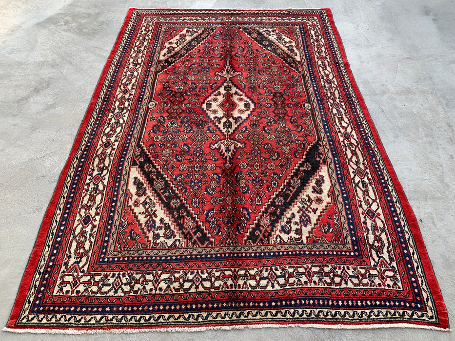 Handmade Persian Wool Area Rug 7x10 - Red, Ivory & Navy Traditional Geometric Medallion Persian Style Rug - Exact Size 10'4" x 6'11" - KBHM-1043