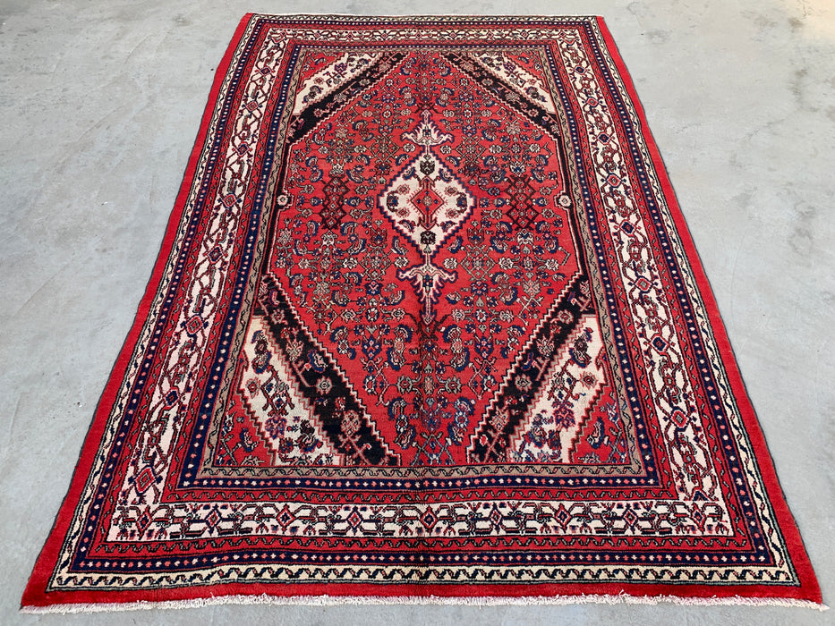 Handmade Persian Wool Area Rug 7x10 - Red, Ivory & Navy Traditional Geometric Medallion Persian Style Rug - Exact Size 10'4" x 6'11" - KBHM-1043
