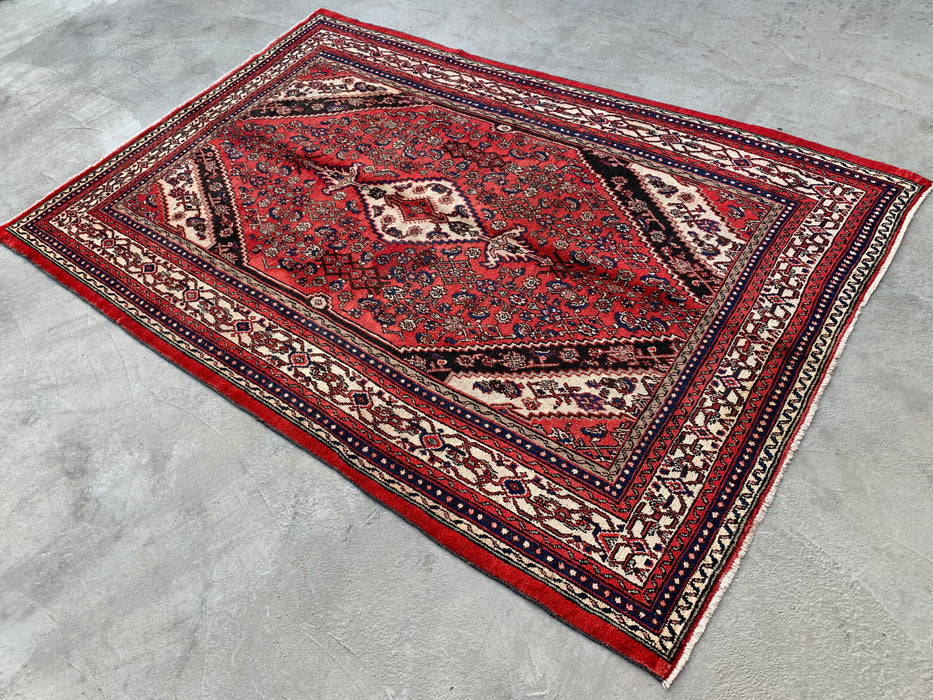 Handmade Persian Wool Area Rug 7x10 - Red, Ivory & Navy Traditional Geometric Medallion Persian Style Rug - Exact Size 10'4" x 6'11" - KBHM-1043