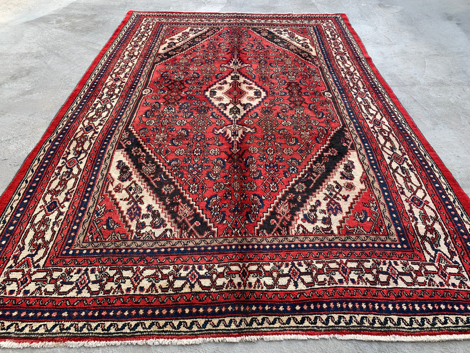 Handmade Persian Wool Area Rug 7x10 - Red, Ivory & Navy Traditional Geometric Medallion Persian Style Rug - Exact Size 10'4" x 6'11" - KBHM-1043