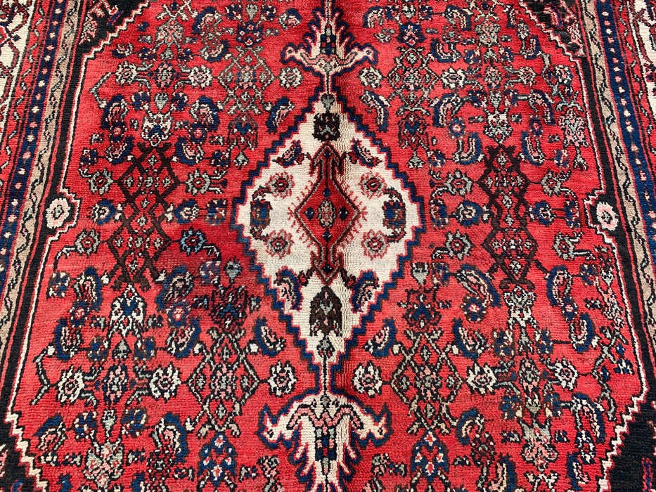 Handmade Persian Wool Area Rug 7x10 - Red, Ivory & Navy Traditional Geometric Medallion Persian Style Rug - Exact Size 10'4" x 6'11" - KBHM-1043