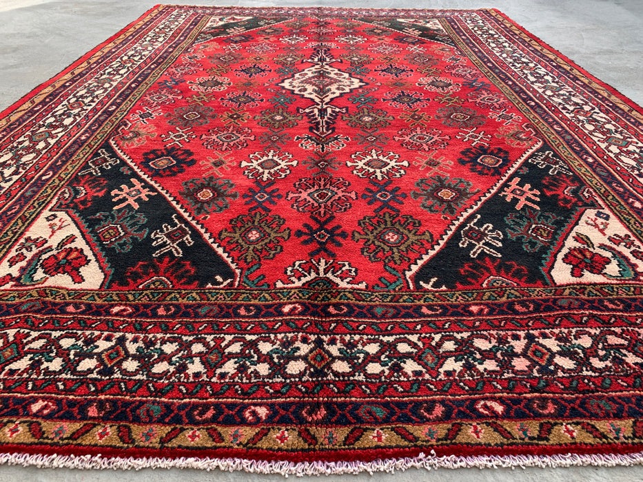 Handmade Persian Wool Area Rug 7x10 - Red, Ivory & Navy Traditional Geometric Medallion Persian Style Rug - Exact Size 10'3" x 7'4" - KBHM-1044