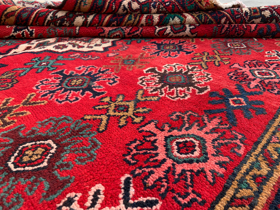 Handmade Persian Wool Area Rug 7x10 - Red, Ivory & Navy Traditional Geometric Medallion Persian Style Rug - Exact Size 10'3" x 7'4" - KBHM-1044