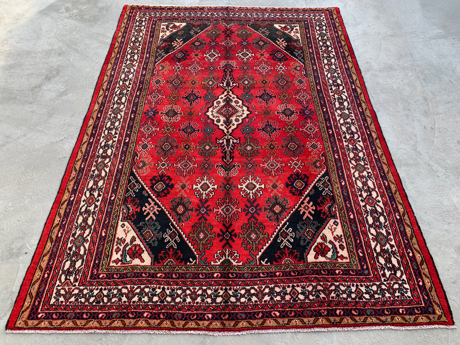 Handmade Persian Wool Area Rug 7x10 - Red, Ivory & Navy Traditional Geometric Medallion Persian Style Rug - Exact Size 10'3" x 7'4" - KBHM-1044