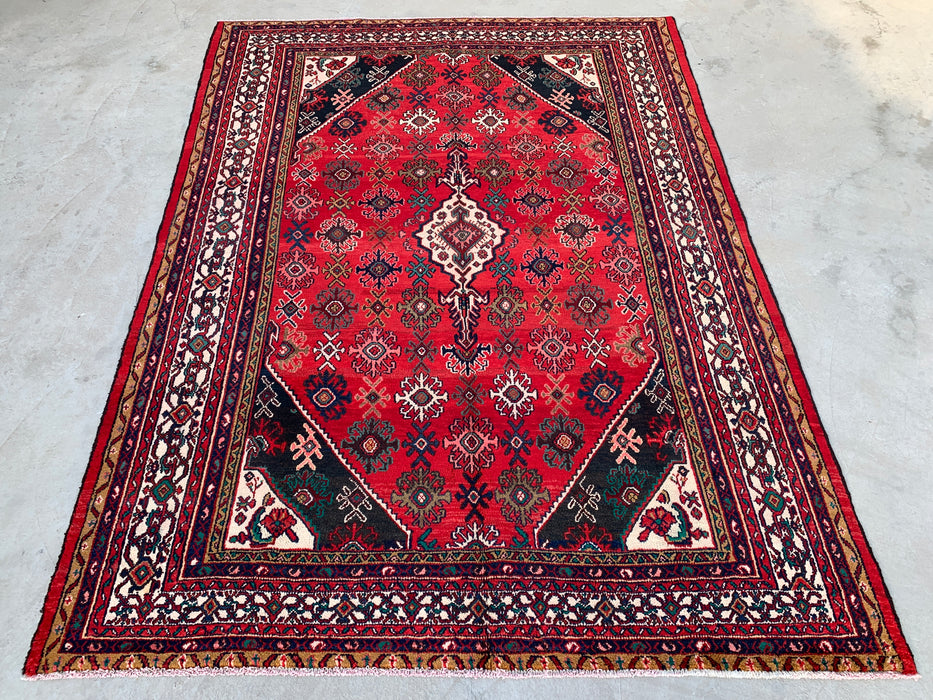 Handmade Persian Wool Area Rug 7x10 - Red, Ivory & Navy Traditional Geometric Medallion Persian Style Rug - Exact Size 10'3" x 7'4" - KBHM-1044