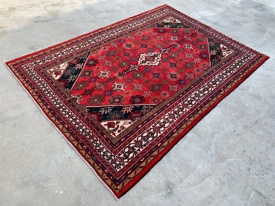 Handmade Persian Wool Area Rug 7x10 - Red, Ivory & Navy Traditional Geometric Medallion Persian Style Rug - Exact Size 10'3" x 7'4" - KBHM-1044