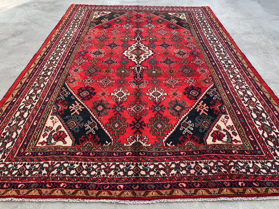Handmade Persian Wool Area Rug 7x10 - Red, Ivory & Navy Traditional Geometric Medallion Persian Style Rug - Exact Size 10'3" x 7'4" - KBHM-1044
