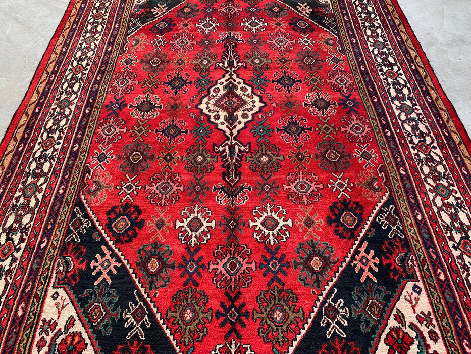 Handmade Persian Wool Area Rug 7x10 - Red, Ivory & Navy Traditional Geometric Medallion Persian Style Rug - Exact Size 10'3" x 7'4" - KBHM-1044