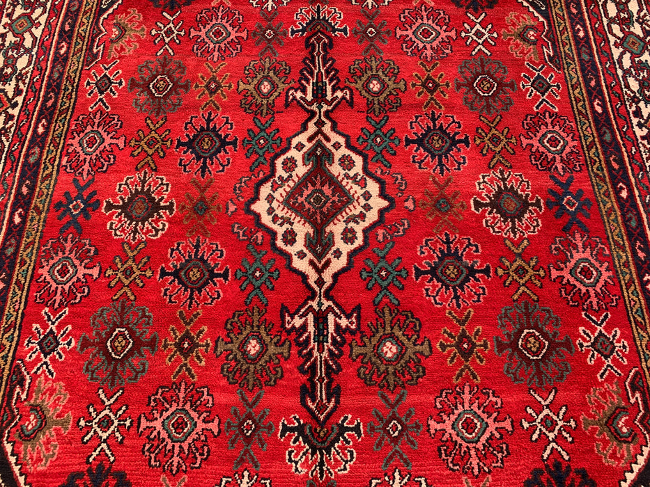 Handmade Persian Wool Area Rug 7x10 - Red, Ivory & Navy Traditional Geometric Medallion Persian Style Rug - Exact Size 10'3" x 7'4" - KBHM-1044