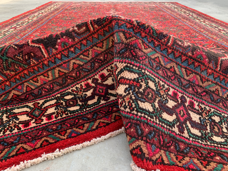 Handmade Persian Wool Area Rug 7x10 - Red, Ivory & Navy Traditional Geometric Medallion Persian Style Rug - Exact Size 10'6" x 6'8" - KBHM-1045