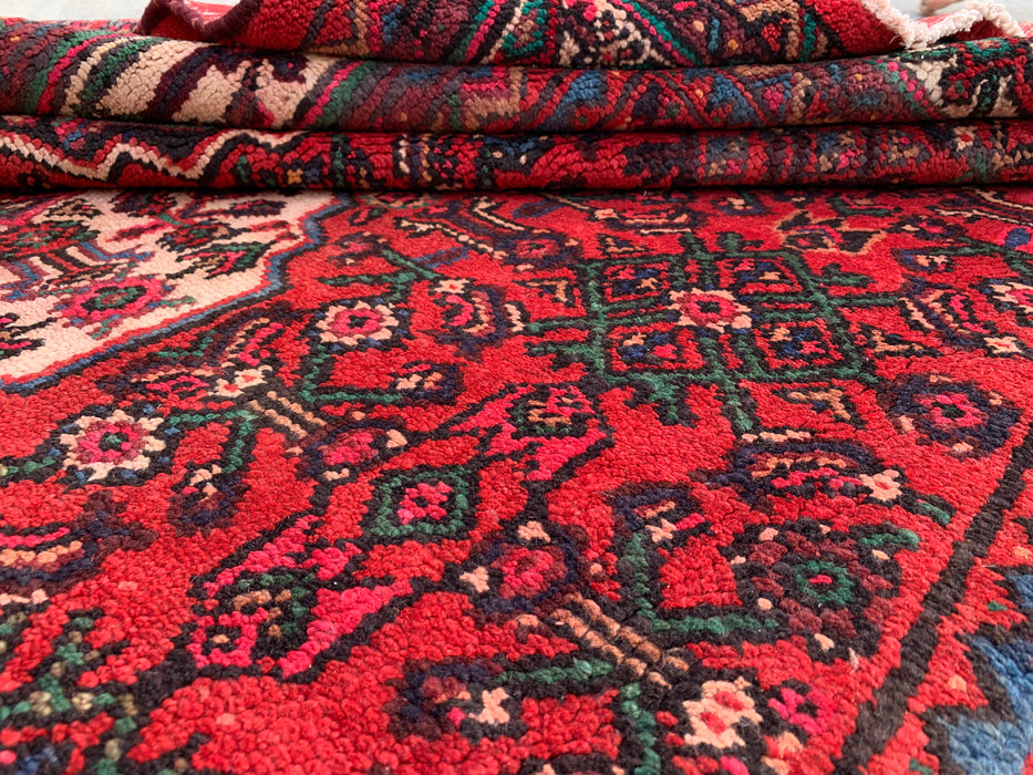 Handmade Persian Wool Area Rug 7x10 - Red, Ivory & Navy Traditional Geometric Medallion Persian Style Rug - Exact Size 10'6" x 6'8" - KBHM-1045