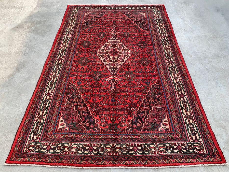 Handmade Persian Wool Area Rug 7x10 - Red, Ivory & Navy Traditional Geometric Medallion Persian Style Rug - Exact Size 10'6" x 6'8" - KBHM-1045