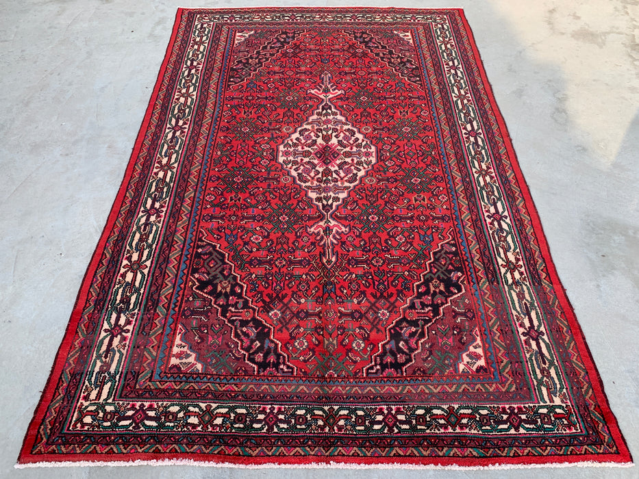 Handmade Persian Wool Area Rug 7x10 - Red, Ivory & Navy Traditional Geometric Medallion Persian Style Rug - Exact Size 10'6" x 6'8" - KBHM-1045