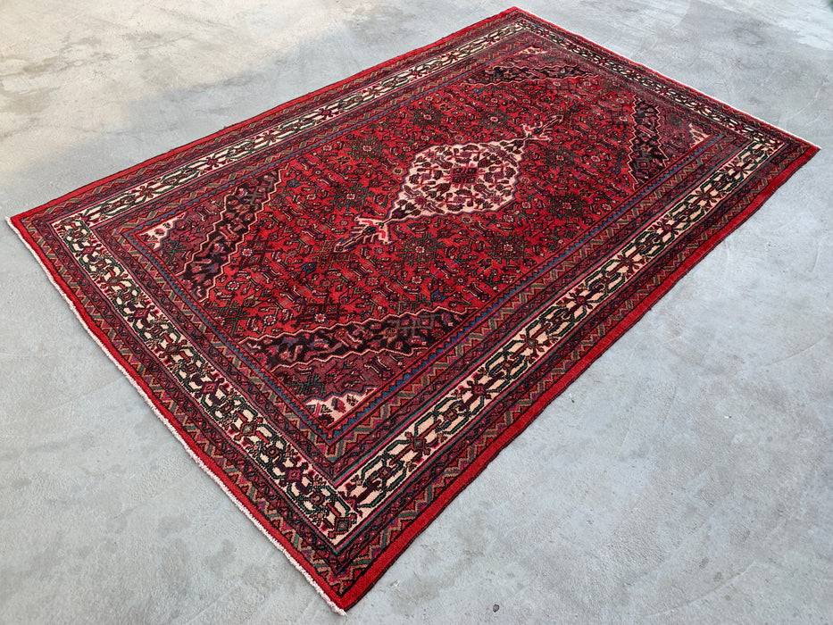Handmade Persian Wool Area Rug 7x10 - Red, Ivory & Navy Traditional Geometric Medallion Persian Style Rug - Exact Size 10'6" x 6'8" - KBHM-1045