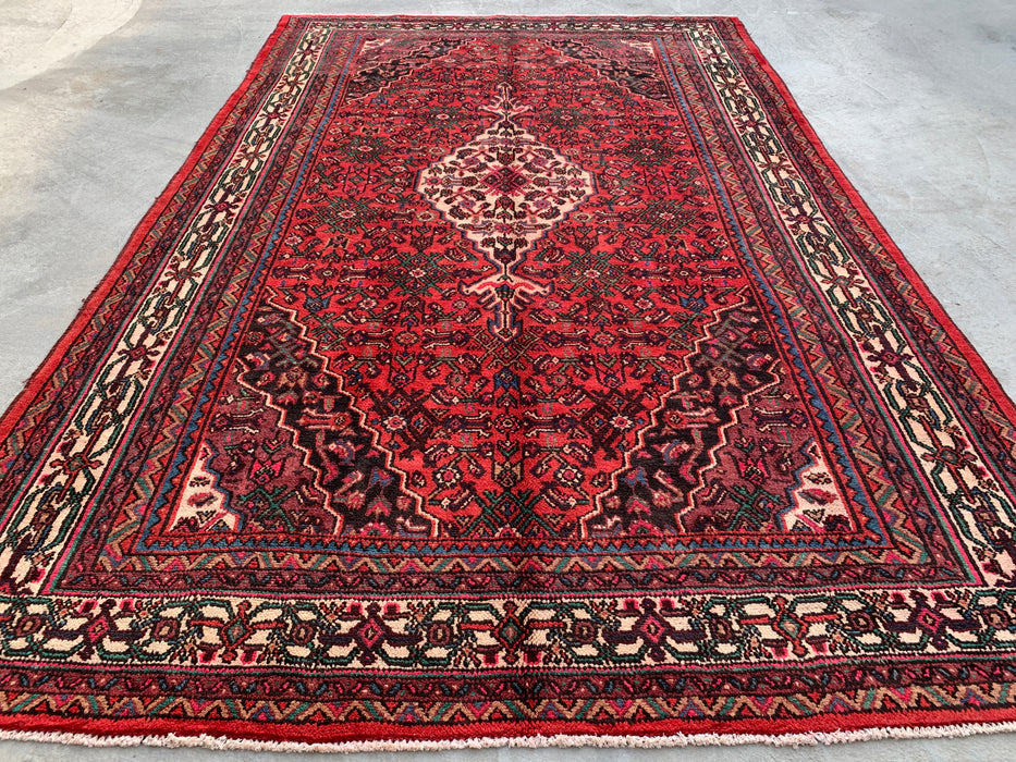Handmade Persian Wool Area Rug 7x10 - Red, Ivory & Navy Traditional Geometric Medallion Persian Style Rug - Exact Size 10'6" x 6'8" - KBHM-1045