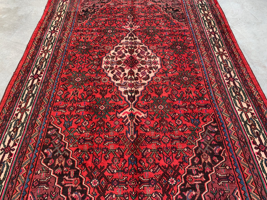 Handmade Persian Wool Area Rug 7x10 - Red, Ivory & Navy Traditional Geometric Medallion Persian Style Rug - Exact Size 10'6" x 6'8" - KBHM-1045