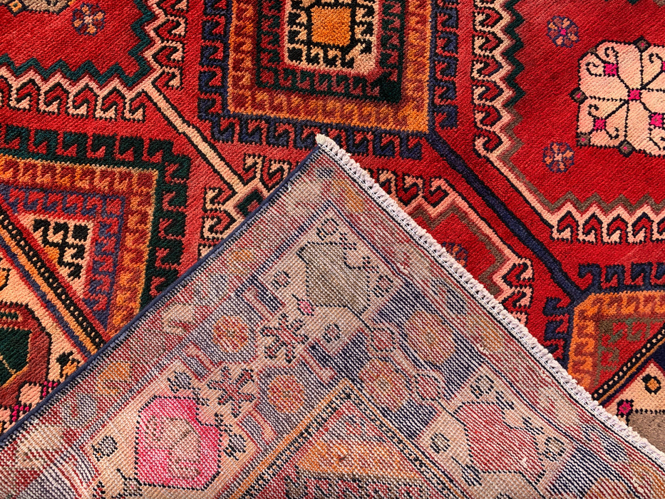 Handmade Persian Wool Area Rug 7x10 - Red, Navy & Ivory Tribal Geometric Diamond Persian Style Rug - Exact Size 9'11" x 5'6" - KBHM-1048