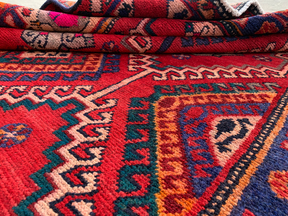 Handmade Persian Wool Area Rug 7x10 - Red, Navy & Ivory Tribal Geometric Diamond Persian Style Rug - Exact Size 9'11" x 5'6" - KBHM-1048