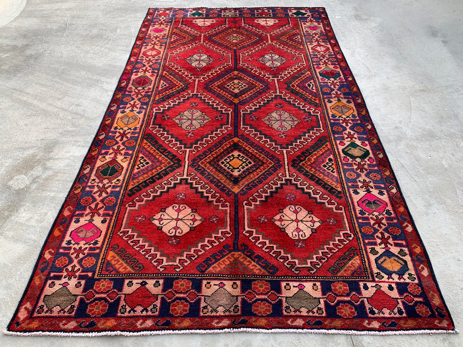 Handmade Persian Wool Area Rug 7x10 - Red, Navy & Ivory Tribal Geometric Diamond Persian Style Rug - Exact Size 9'11" x 5'6" - KBHM-1048