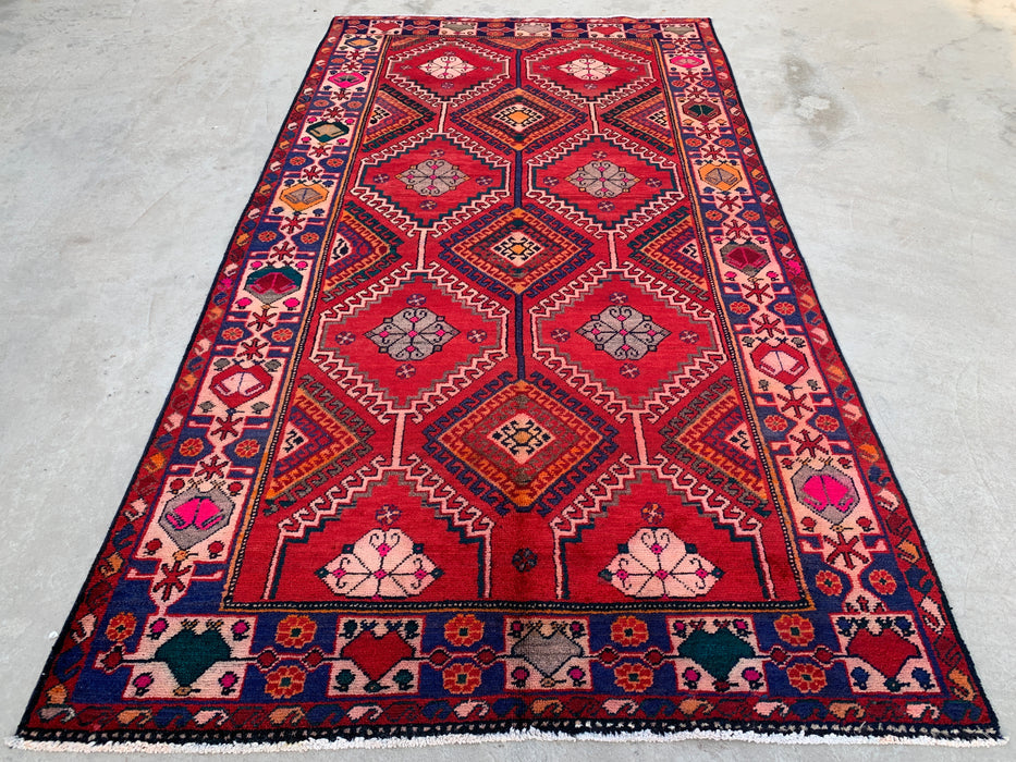 Handmade Persian Wool Area Rug 7x10 - Red, Navy & Ivory Tribal Geometric Diamond Persian Style Rug - Exact Size 9'11" x 5'6" - KBHM-1048