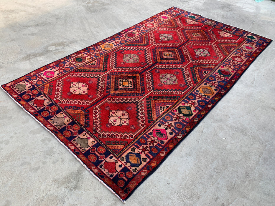 Handmade Persian Wool Area Rug 7x10 - Red, Navy & Ivory Tribal Geometric Diamond Persian Style Rug - Exact Size 9'11" x 5'6" - KBHM-1048
