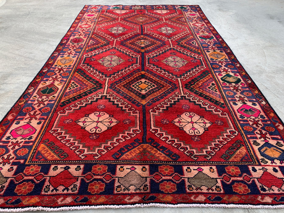 Handmade Persian Wool Area Rug 7x10 - Red, Navy & Ivory Tribal Geometric Diamond Persian Style Rug - Exact Size 9'11" x 5'6" - KBHM-1048