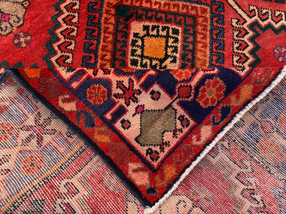 Handmade Persian Wool Area Rug 7x10 - Red, Navy & Ivory Tribal Geometric Diamond Persian Style Rug - Exact Size 9'11" x 5'6" - KBHM-1048