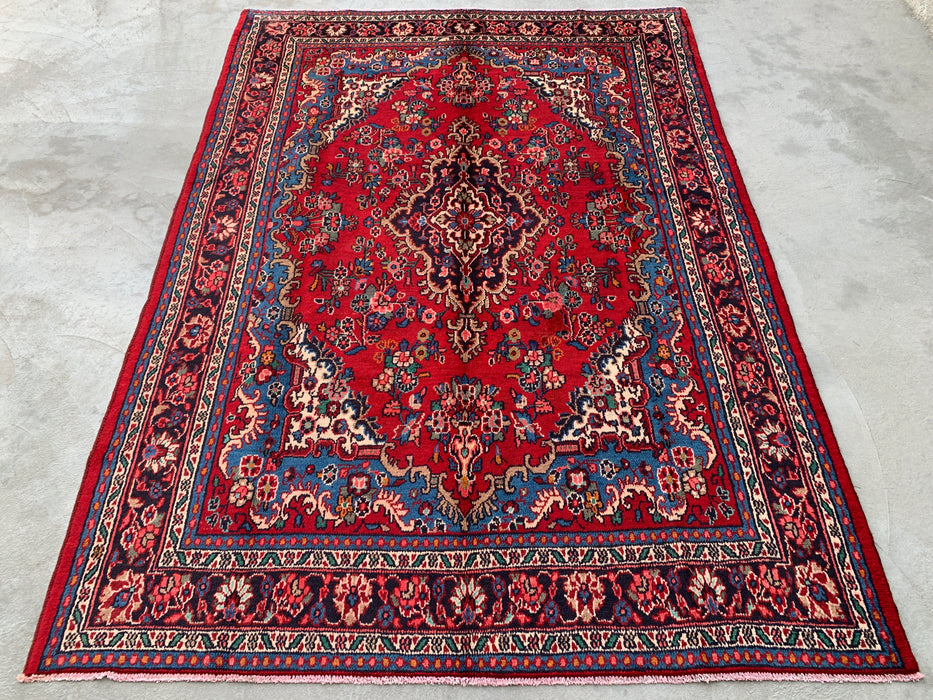 Handmade Persian Wool Area Rug 7x10 - Red, Blue & Ivory Traditional Medallion Persian Style Rug - Exact Size 9'9" x 7'0" - KBHM-1086