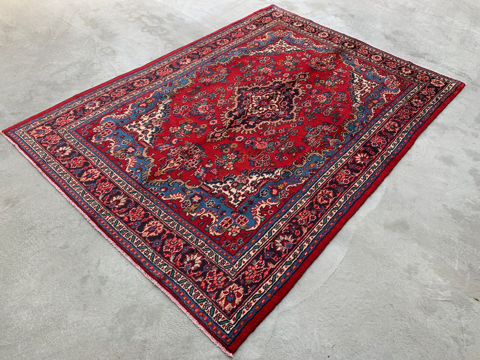 Handmade Persian Wool Area Rug 7x10 - Red, Blue & Ivory Traditional Medallion Persian Style Rug - Exact Size 9'9" x 7'0" - KBHM-1086